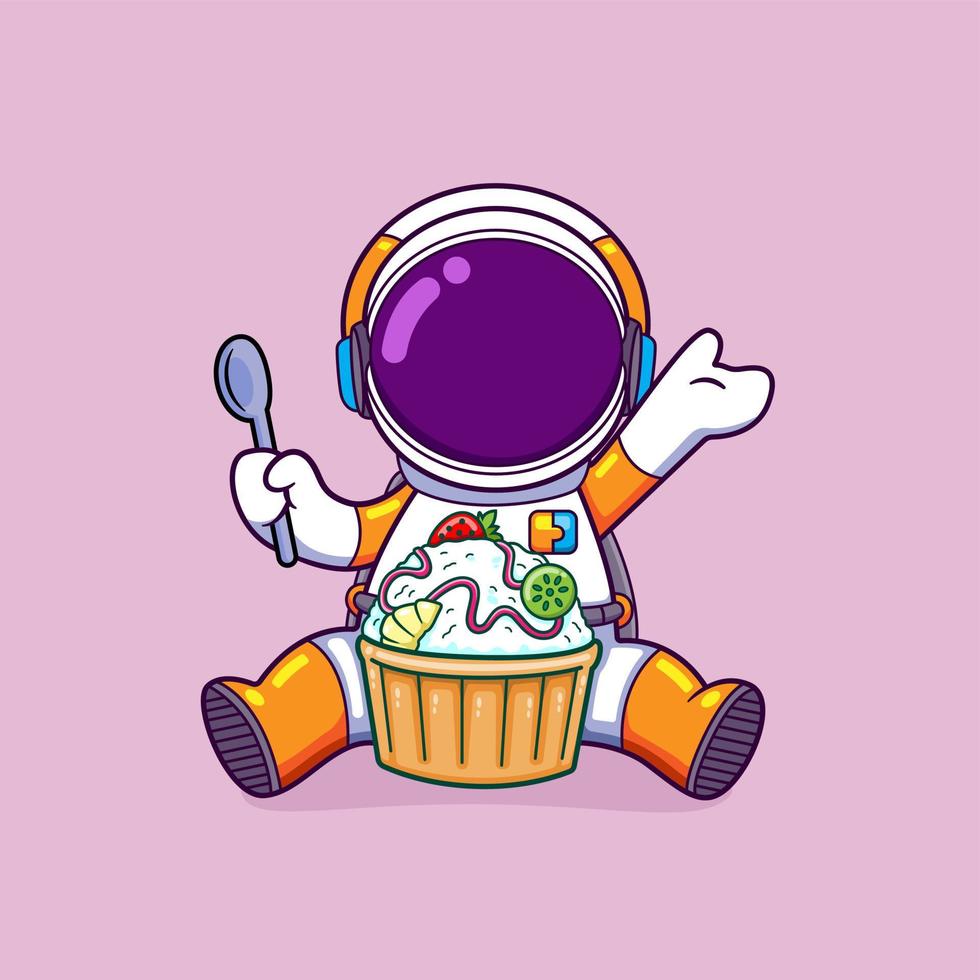 o astronauta feliz ainda está com fome e vai comer a sobremesa com um bolo de torta doce vetor