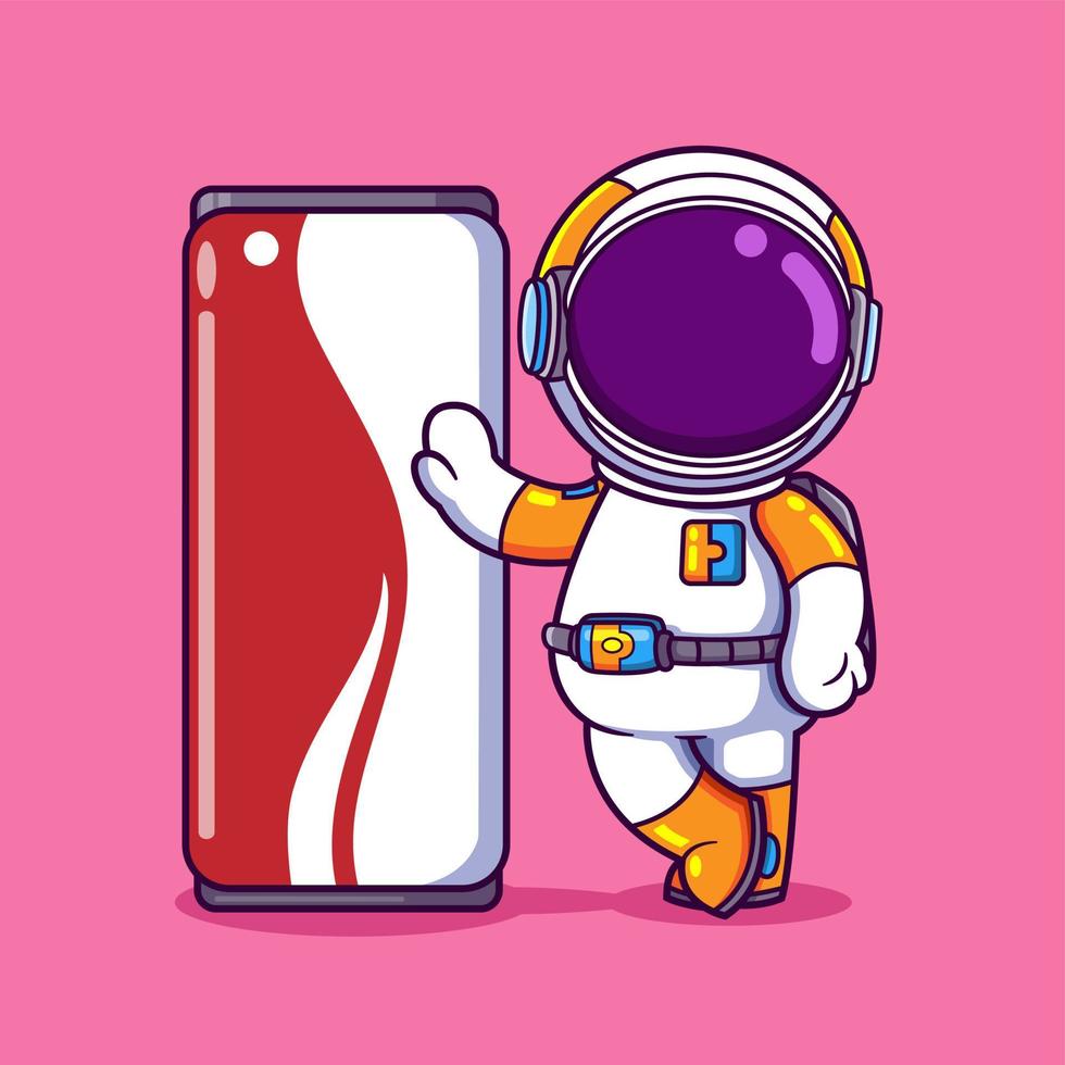 o astronauta legal está de pé e posando perto da grande bebida enlatada vetor