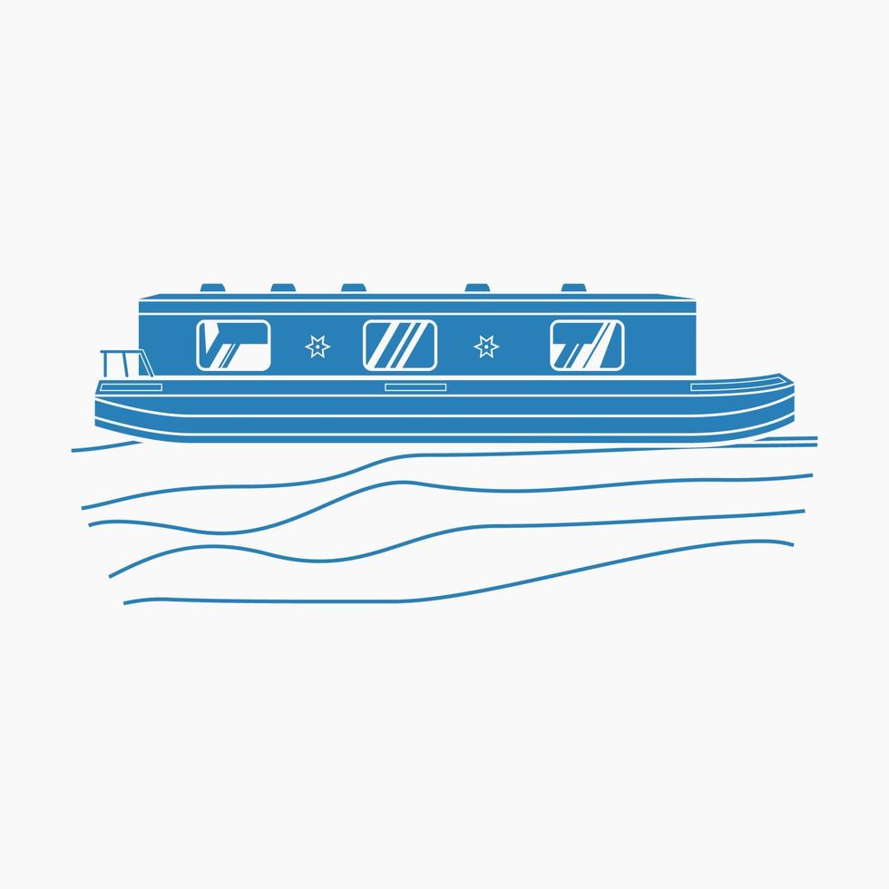 Barco de canal de vista lateral de estilo monocromático plano isolado editável na ilustração vetorial de água ondulada para elemento de arte de transporte ou recreação do reino unido ou design relacionado à europa vetor