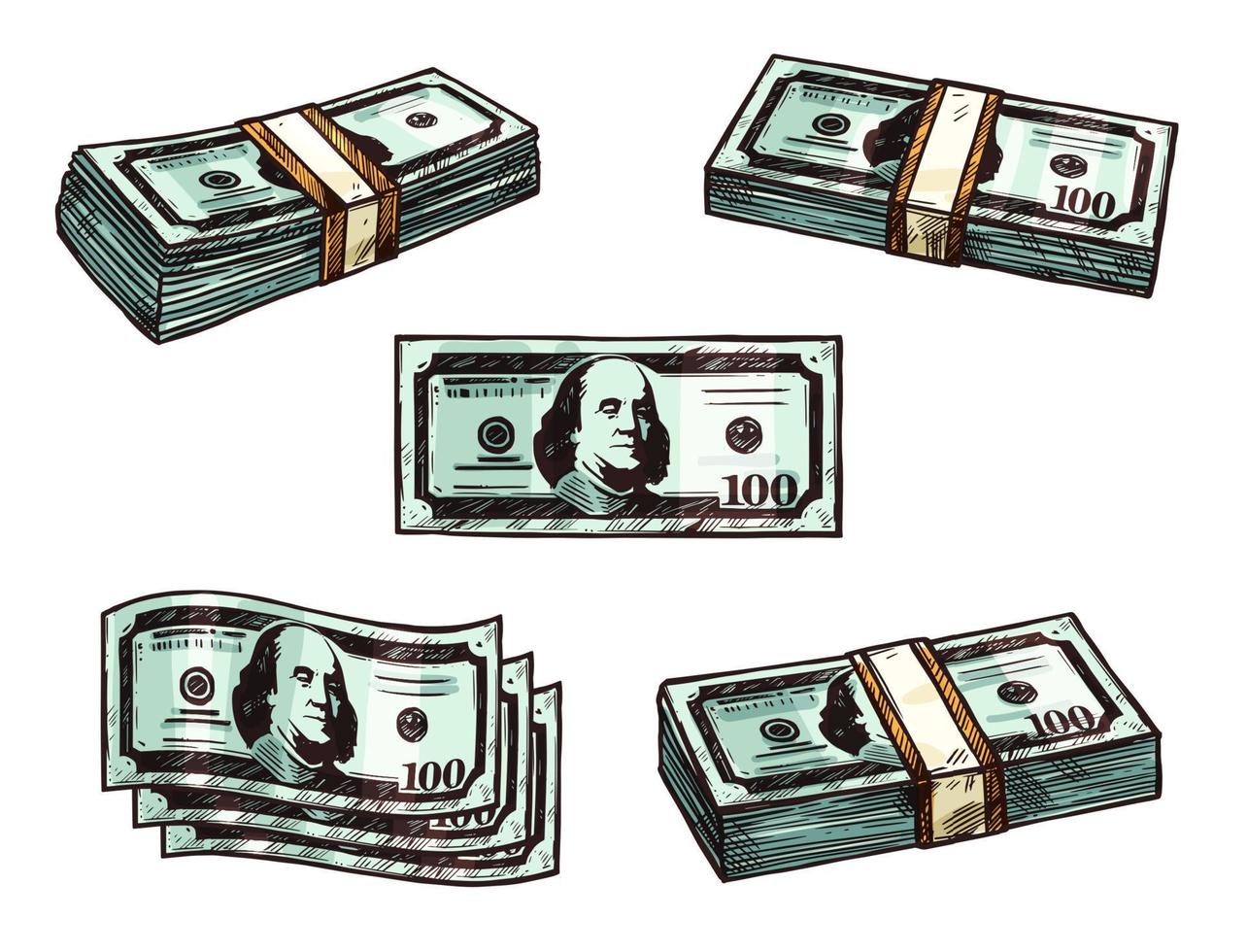 ícones de esboço de vetor de pacotes de notas de dinheiro de dólares