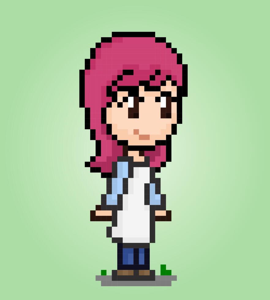 personagens de menina em pixel art de 8 bits. mulher dos desenhos animados em ilustrações vetoriais. vetor