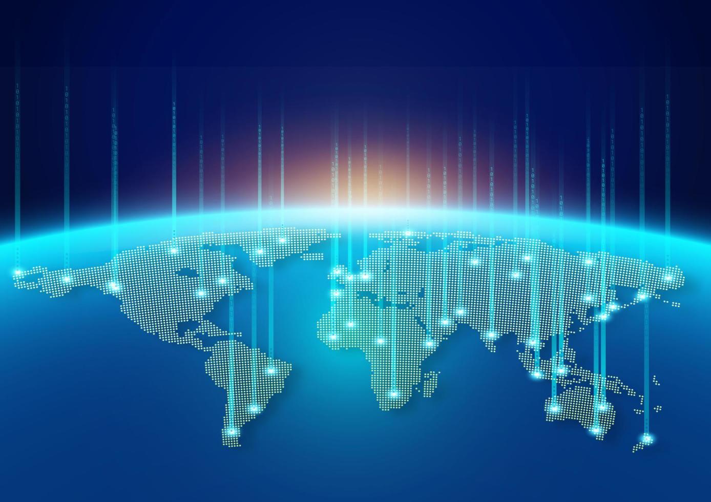 mapa-múndi pontilhado com conexão de rede social. mapa do planeta com luz futurista azul. fundo de internet e tecnologia digital. ilustração vetorial eps10. vetor