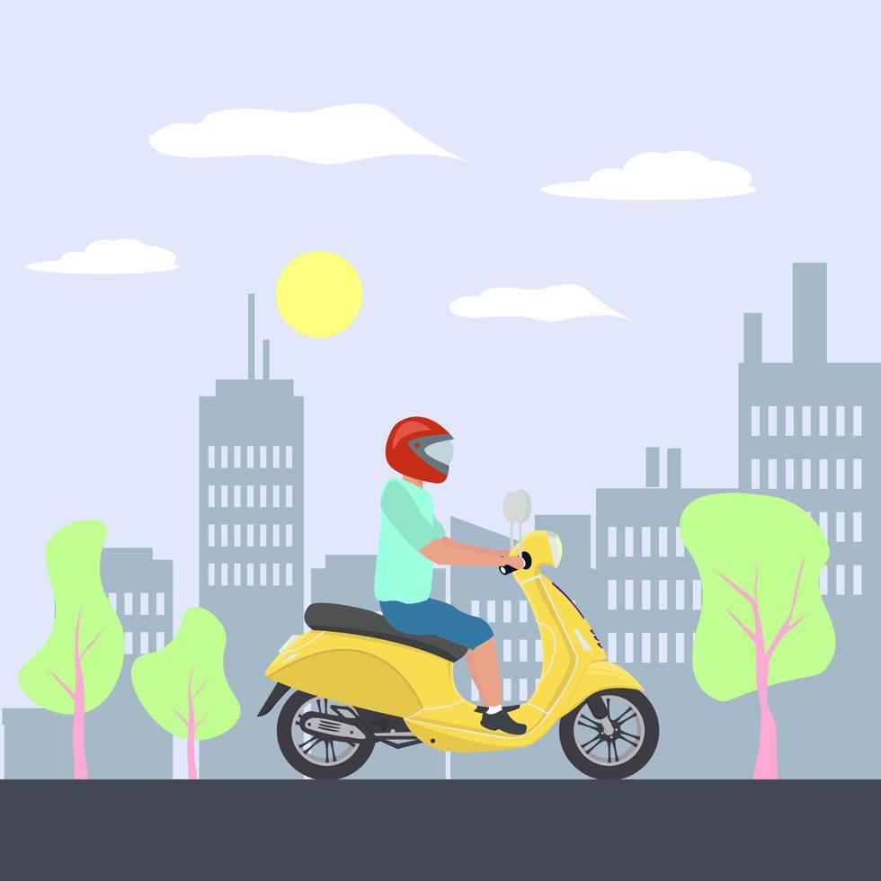 homem de capacete dirigindo scooter em uma rua da cidade. ilustração em vetor conceito de transporte urbano