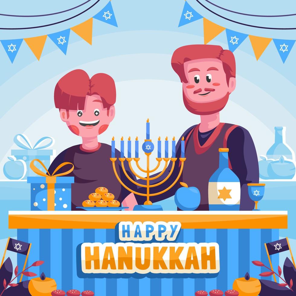 pai e filho celebram feliz hanukkah vetor