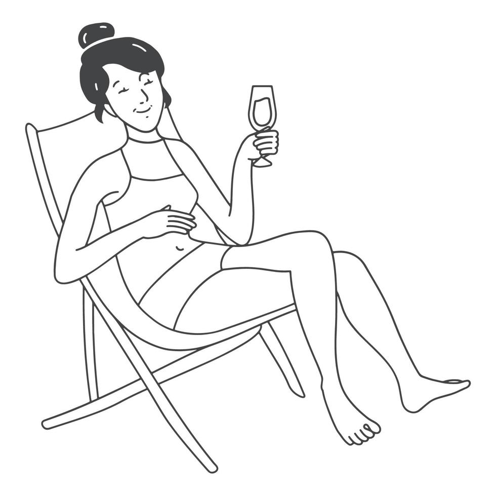 garota de ilustração de contorno relaxando na praia com um coquetel vetor