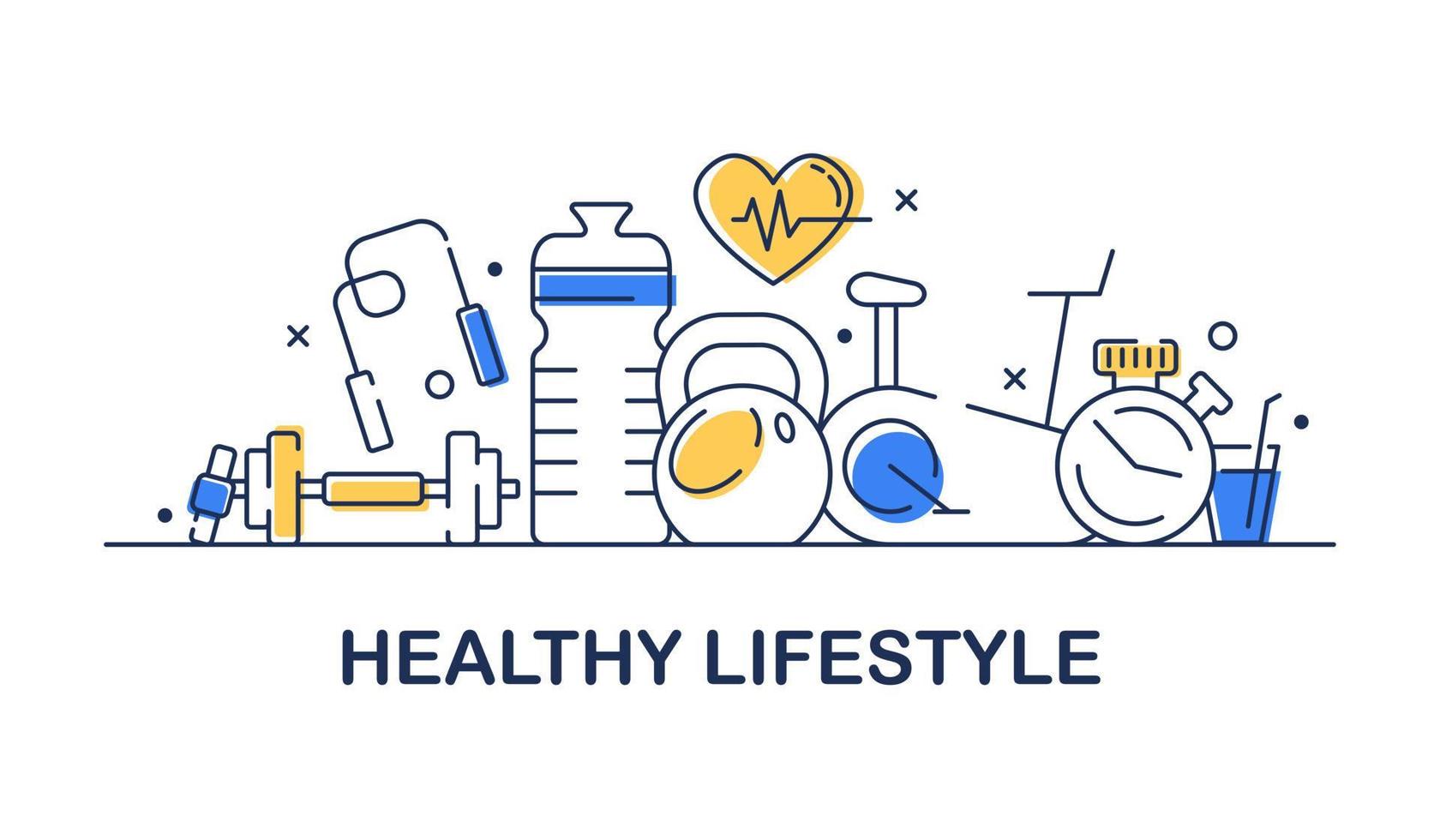 conceito de design de banner vetorial saudável, estilo plano com ícones de estilo de vida saudável de arte de linha fina em fundo branco vetor