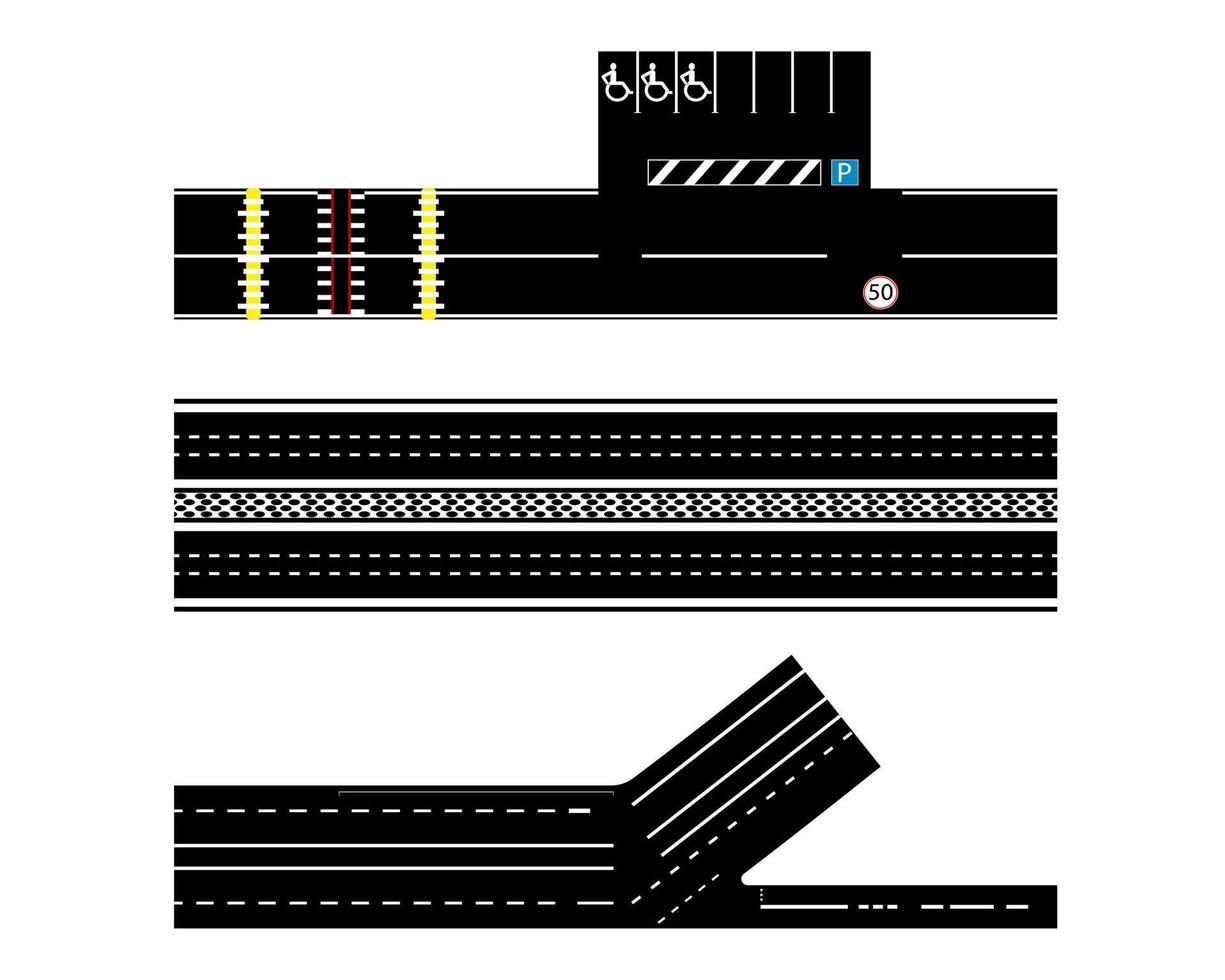 diferentes marcações rodoviárias e sinais de trânsito em um fundo branco vetor