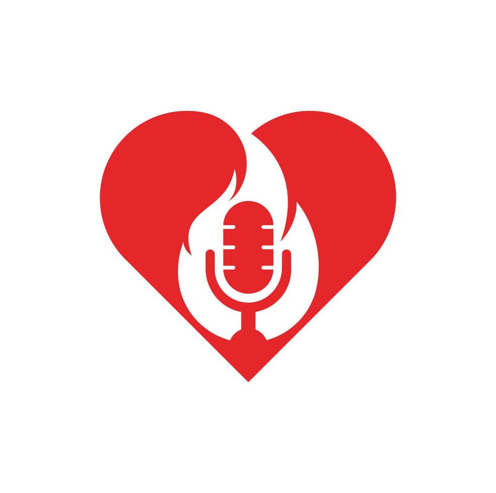 modelo de design de logotipo de conceito de forma de coração de podcast de fogo. ilustração de ícone de vetor de logotipo de microfone de podcast de fogo de chama