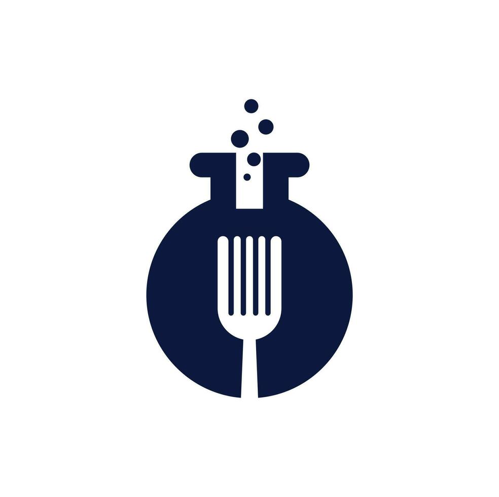 design de logotipo de vetor de laboratório de alimentos. tubo de ensaio de laboratório com garfo e colher.