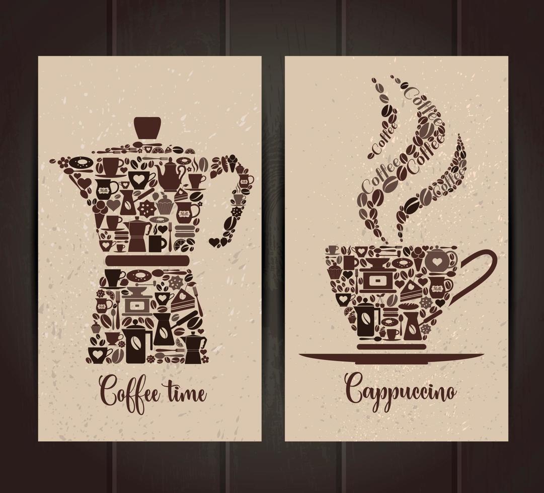 xícara de café e pote conjunto de ícones pequenos. layout de bandeiras. vetor