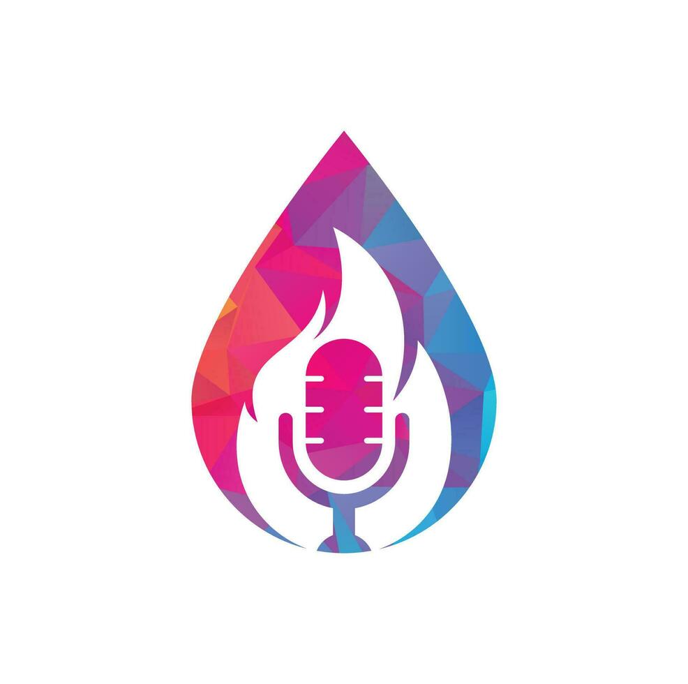 modelo de design de logotipo de conceito de forma de gota de podcast de fogo. ilustração de ícone de vetor de logotipo de microfone de podcast de fogo de chama