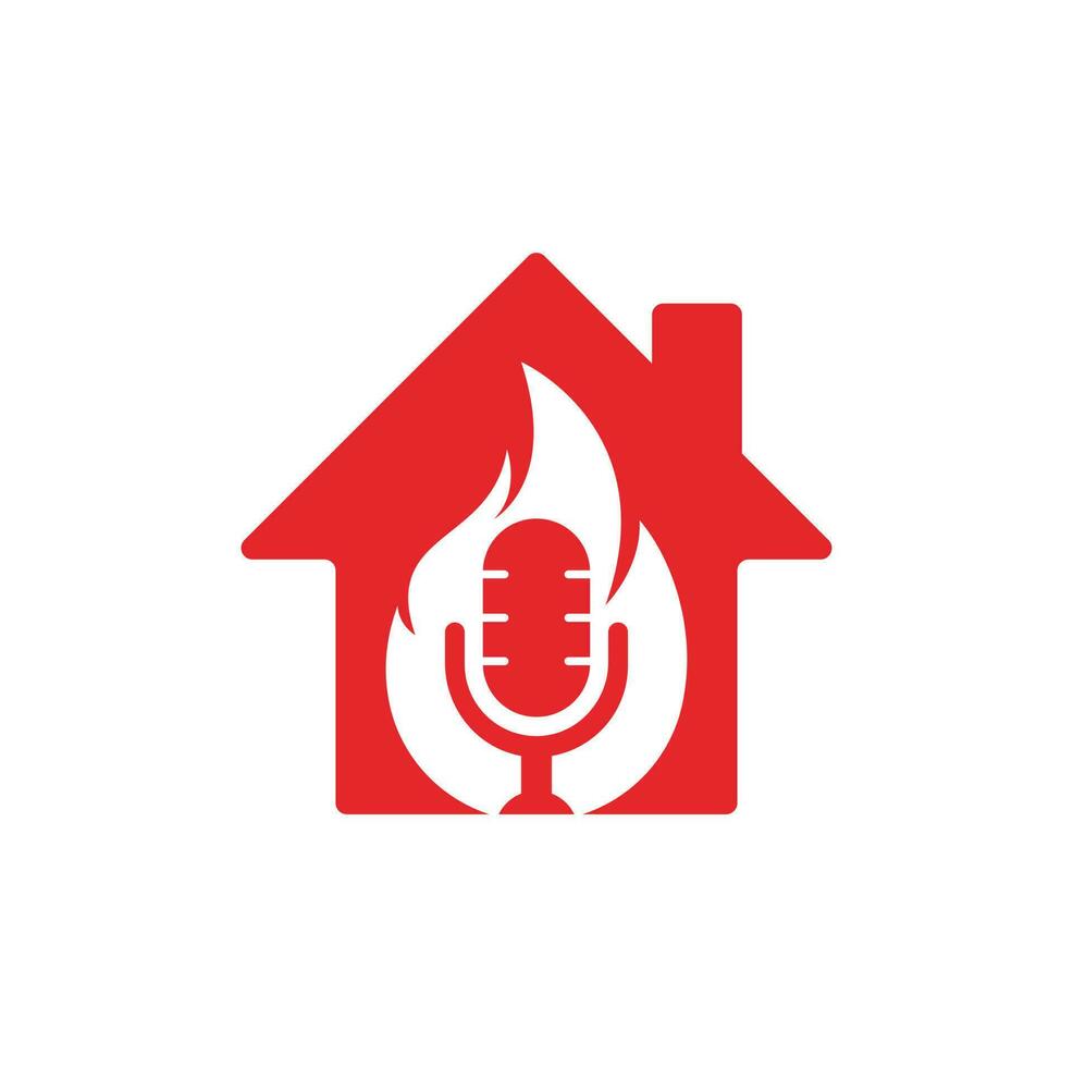 modelo de design de logotipo de conceito de forma de casa de podcast de fogo. chama fogo podcast mic logo vector icon ilustração.