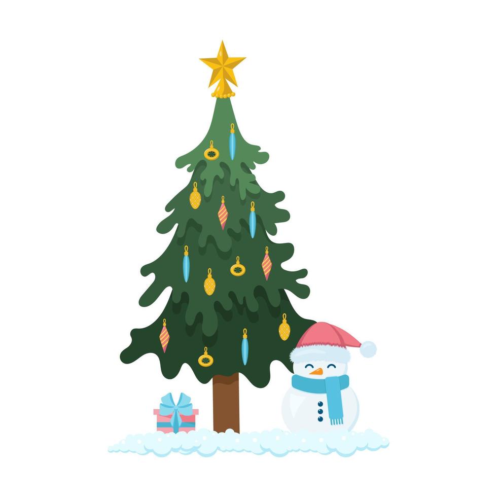 árvore de natal com boneco de neve e presentes. ilustração vetorial vetor