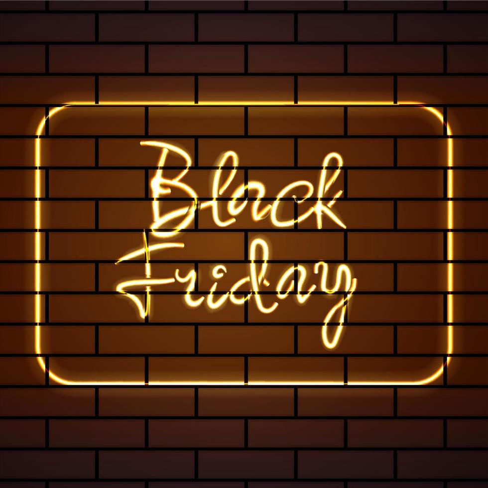 sinal datilografado de néon amarelo de sexta-feira negra em um cartaz quadrado de parede de tijolo vetor