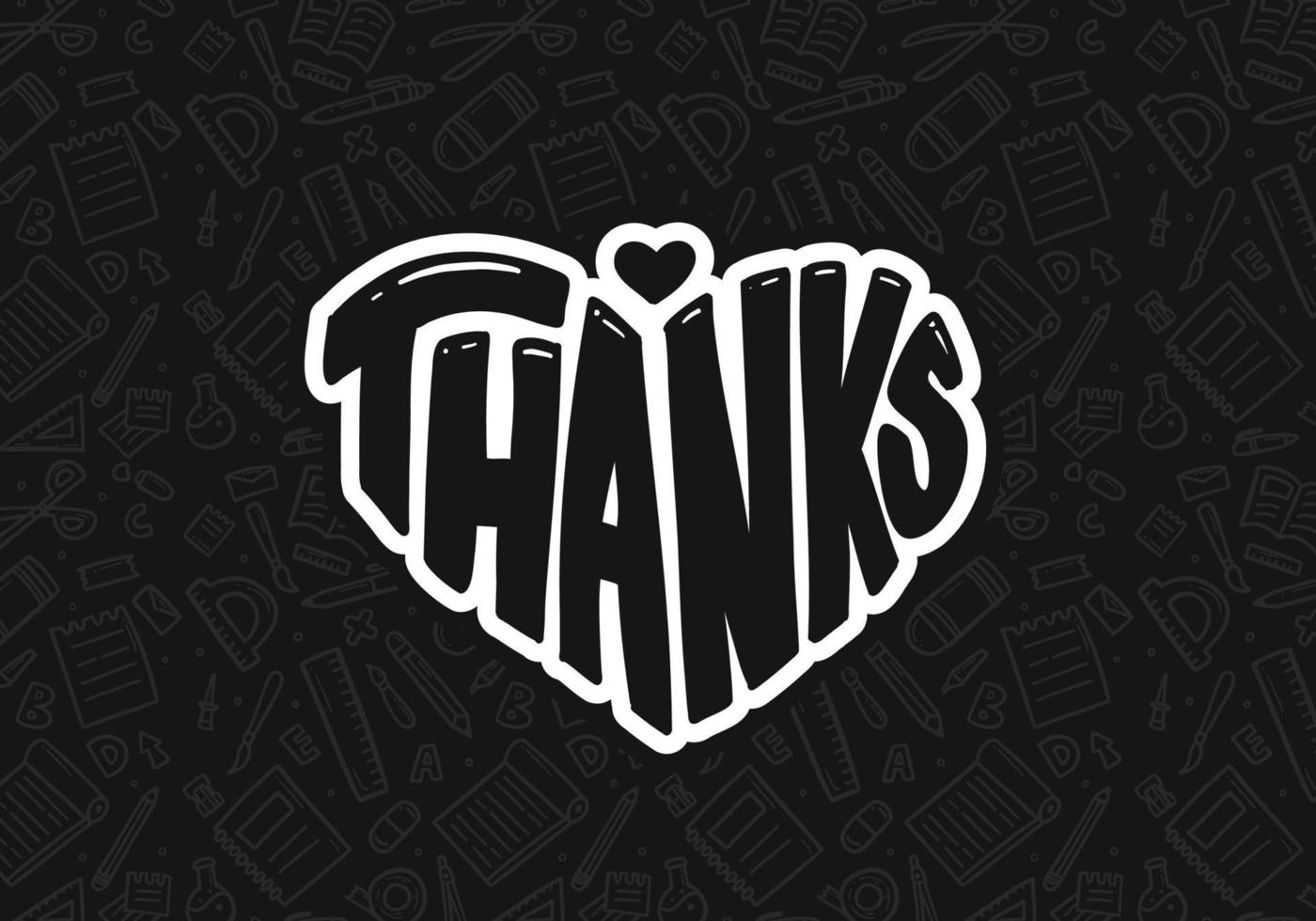 doodle obrigado obrigado tipografia em forma de coração. fundo de banner de cartaz de cartão de agradecimento com decoração de tema de escola doodle vetor