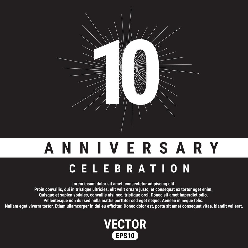 Modelo de comemoração de aniversário de 10 anos em fundo preto. ilustração em vetor eps10.