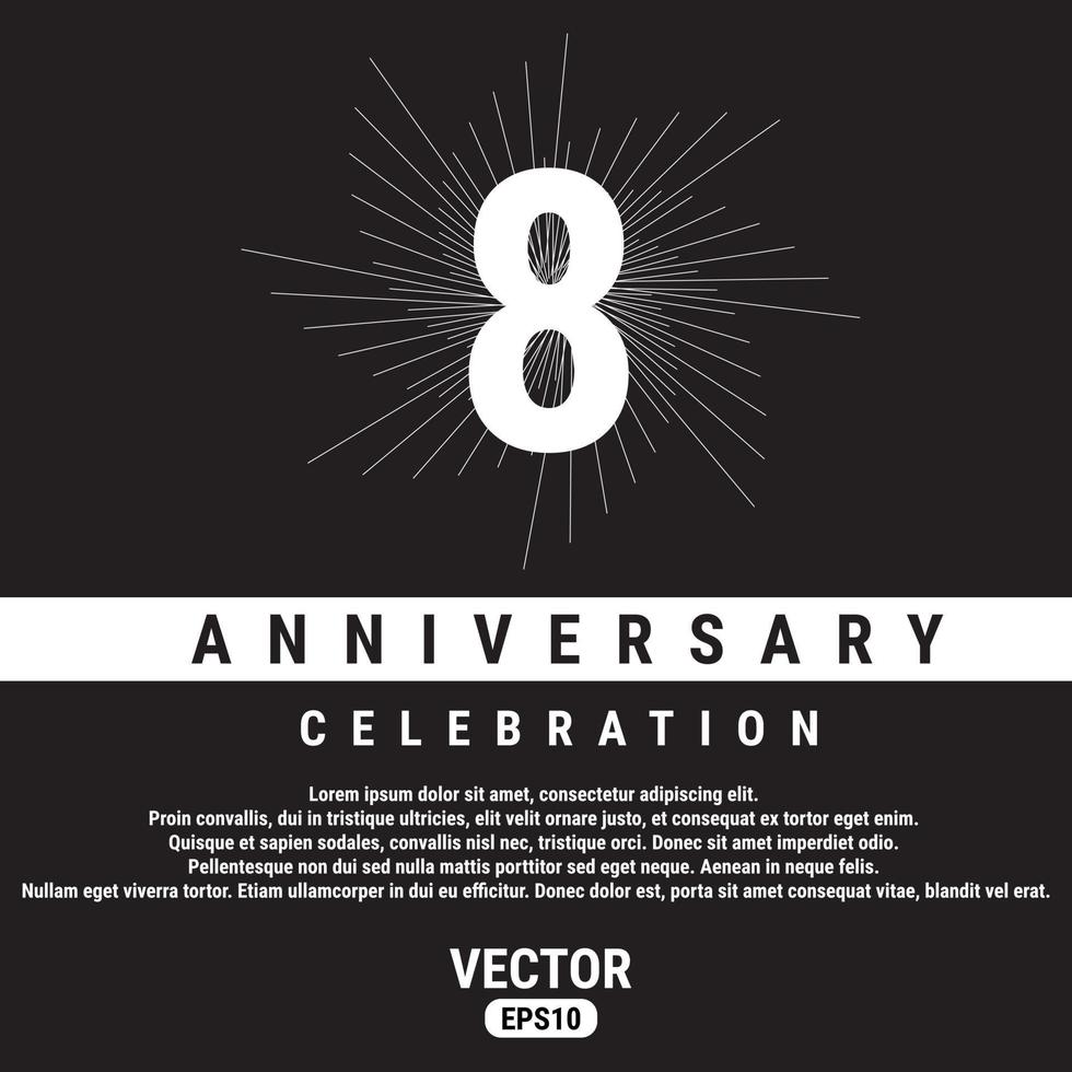 Modelo de comemoração de aniversário de 8 anos em fundo preto. ilustração em vetor eps10.