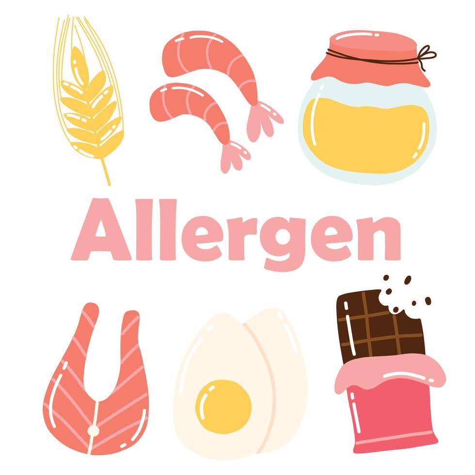 alérgenos alimentares. coleção de produtos alérgenos. ilustração vetorial. alergia. estilo desenhado. peixe alérgeno, ovo, mel, glúten. vetor