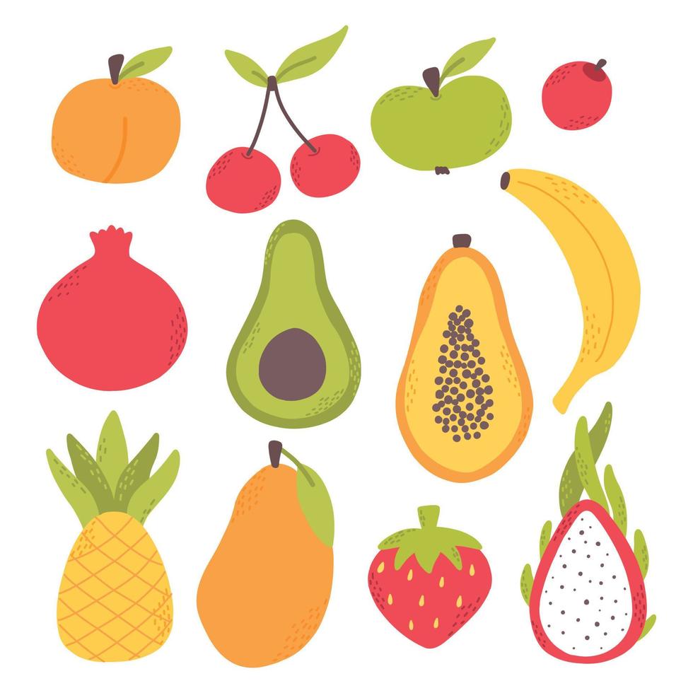um conjunto de frutas deliciosas. coleção de frutas desenhadas à mão. banana, mamão, pitaia, manga, abacate, abacaxi. estilo plano. ilustração vetorial. vetor