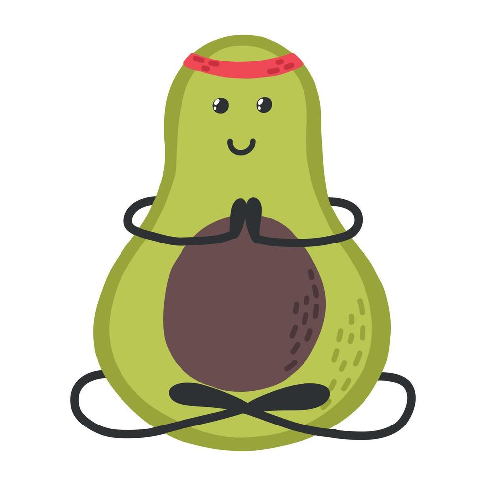 Abacate fofo fazendo meditação de ioga. esporte, hobby, exercício, yoga.fruit character.vector abacate no estilo kawaii. abacate saudável esportivo. o conceito de fazer esportes. vetor