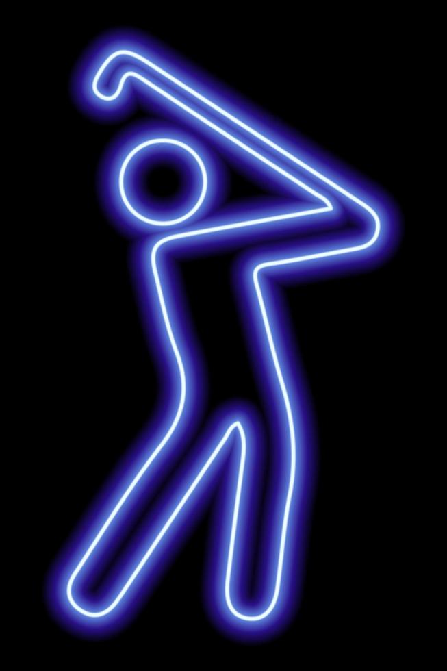 o contorno azul neon de um homem que joga golfe e balança um taco para acertar a bola. em um fundo preto. vetor