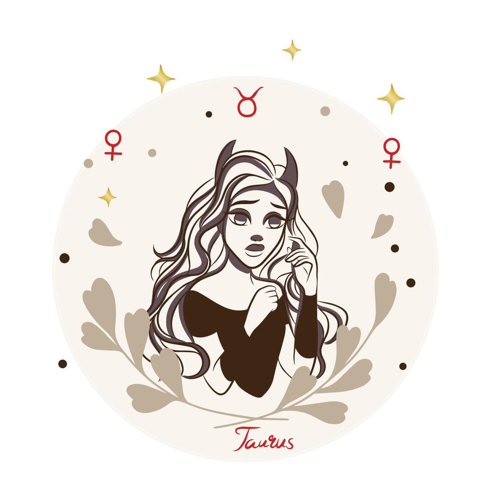 estilo cartoon, garota de touro, signo do zodíaco, decoração, moda vetor