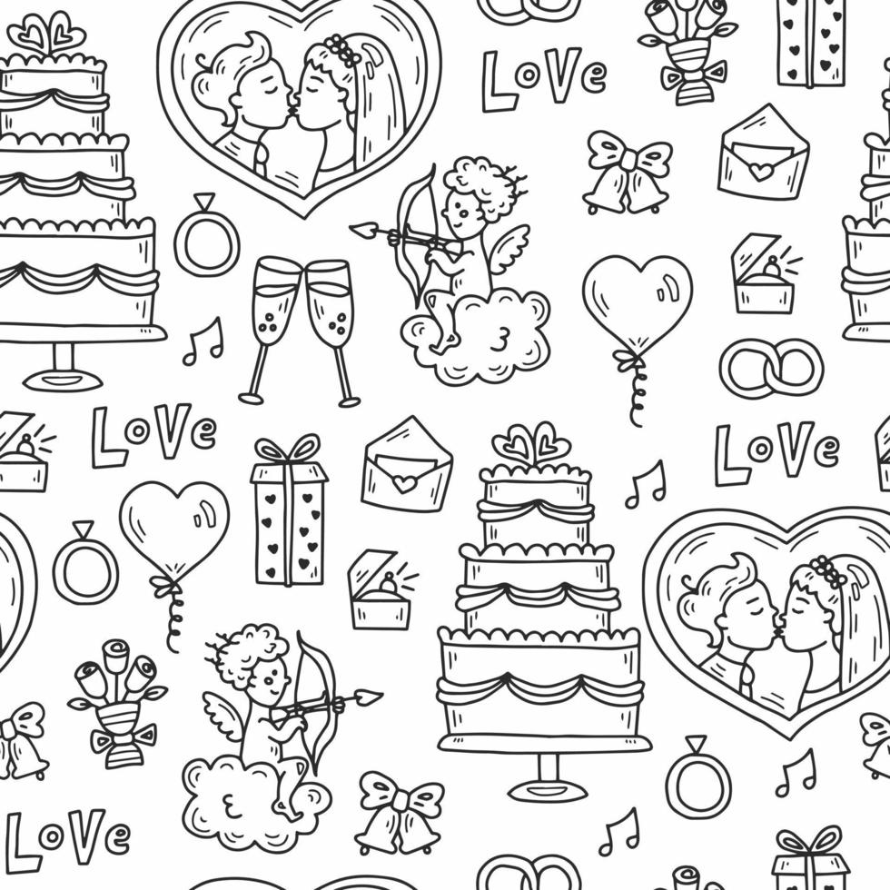 padrão perfeito de doodle de casamento com noivo de noiva de bolo vetor