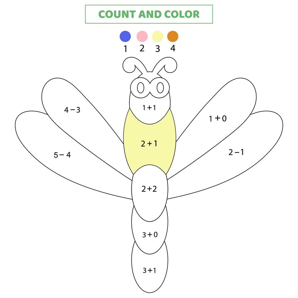 contar e colorir libélula fofa por números. jogo de matemática para crianças. vetor