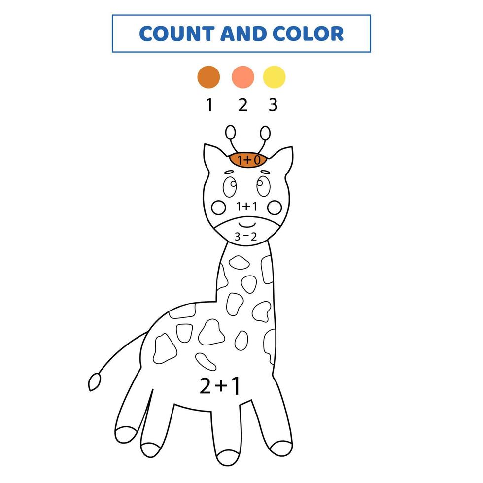 contar e colorir girafa fofa por números. planilha de matemática para crianças. vetor