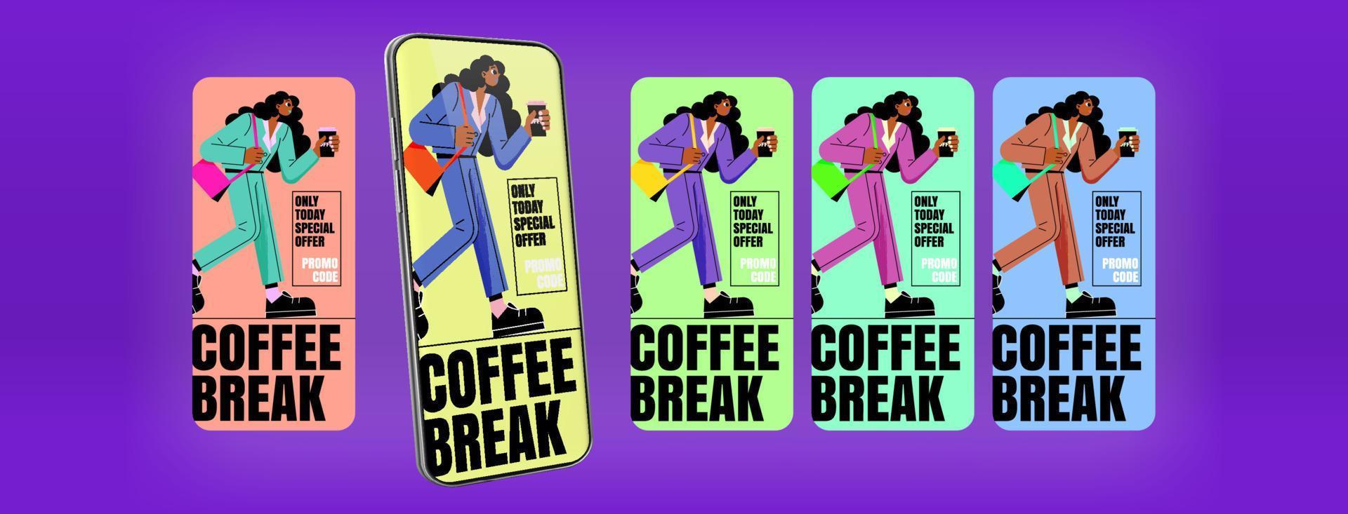 oferta especial de coffee break com telas de código promocional vetor