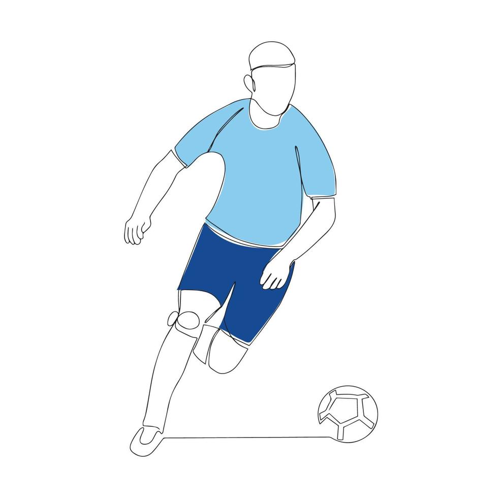 silhueta de um jogador de futebol com uma bola. jogador de futebol chuta a bola. ilustração de uma linha. ilustração vetorial. vetor
