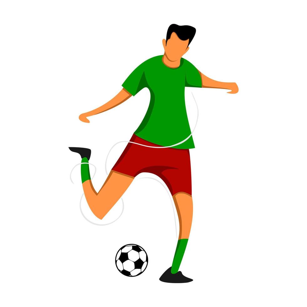 jogador de futebol masculino dos desenhos animados chutando uma bola livre. ilustração vetorial vetor
