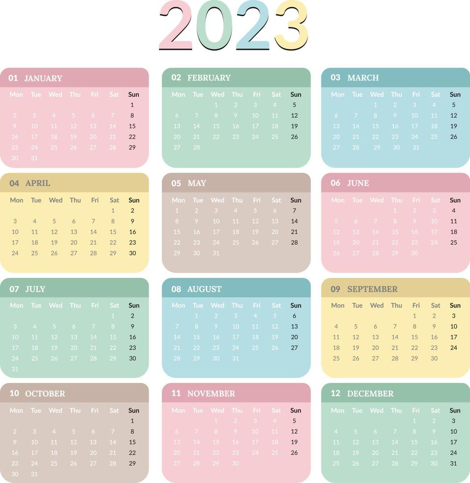calendário 2023, a semana do calendário 2023 colorido começa segunda-feira vetor