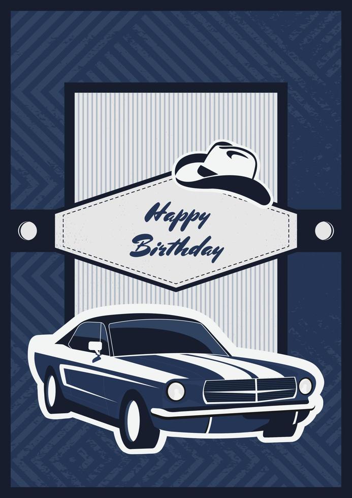 modelo de cartão de aniversário, feliz dia dos pais. design masculino brutal em azul com carro estilo retrô. vetor