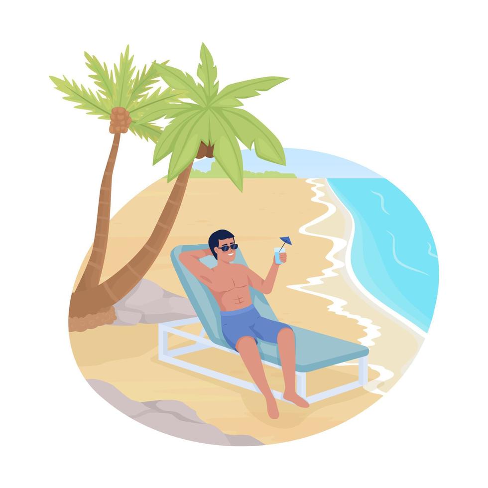 banhos de sol com coquetel na cadeira de praia 2d ilustração vetorial isolado. homem bronzeado com personagem plana de bebida no fundo dos desenhos animados. cena editável colorida para celular, site, apresentação vetor
