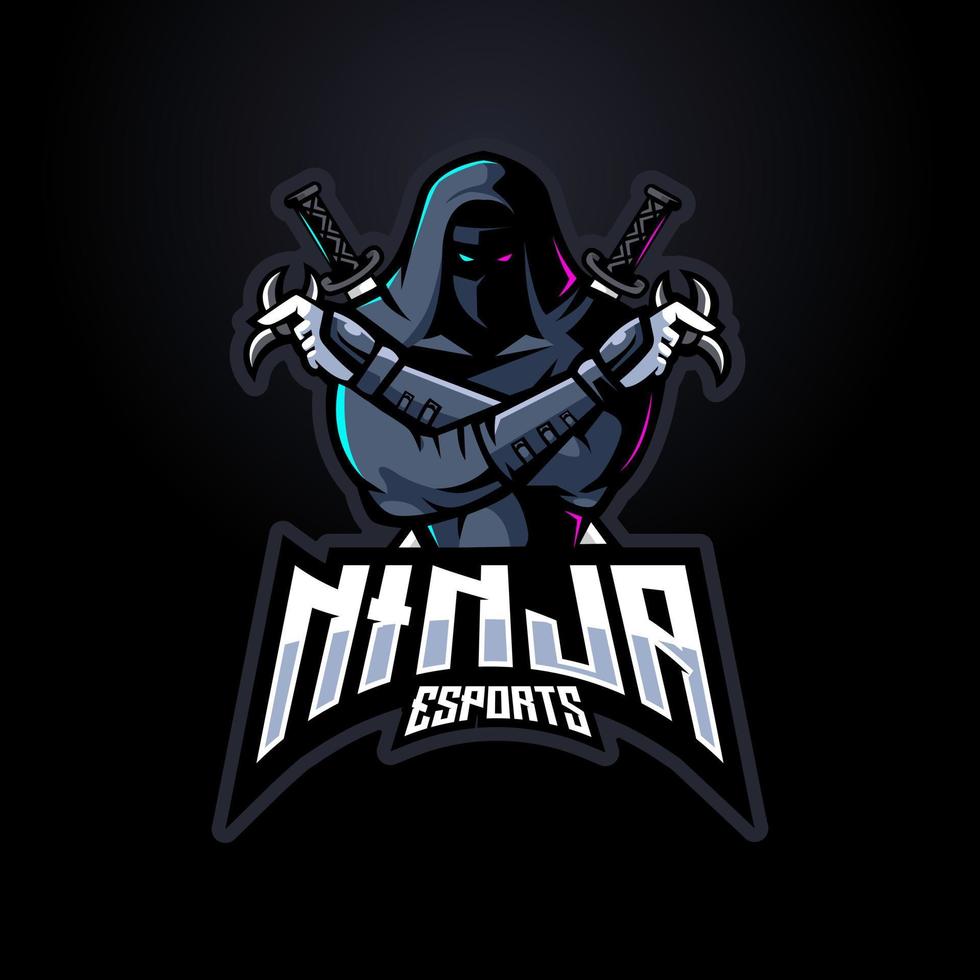 logotipo de mascote ninja escuro para emblema de distintivo de jogo esport de equipe e design de camiseta vetor