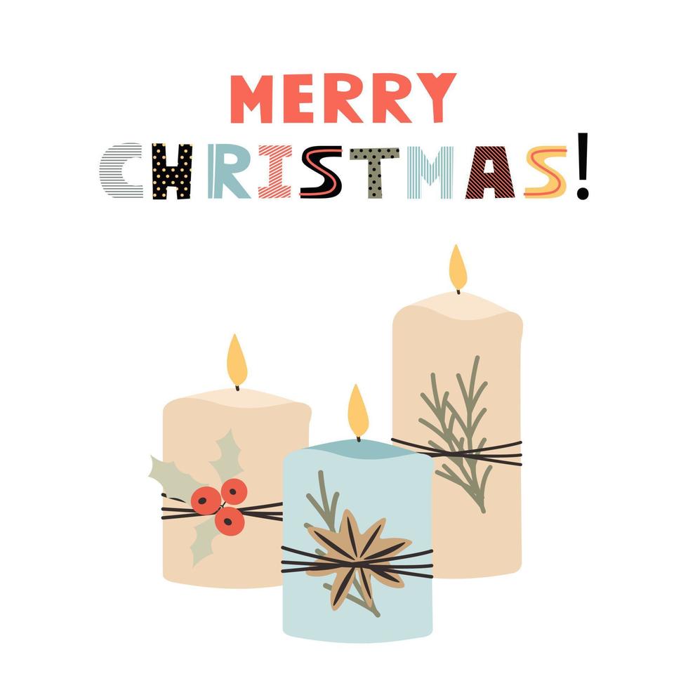 modelo de feliz natal com velas. plano de fundo para cartões, cartões postais, cartas, etiquetas, web, etc. vetor