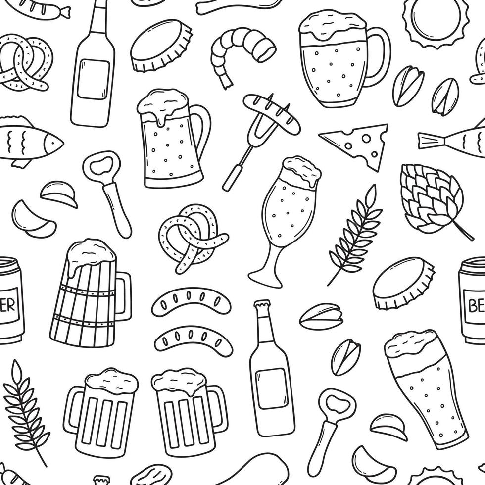 sem costura padrão de doodle de cerveja e lanches. cervejaria em estilo de desenho. ilustração vetorial desenhada à mão isolada no fundo branco vetor