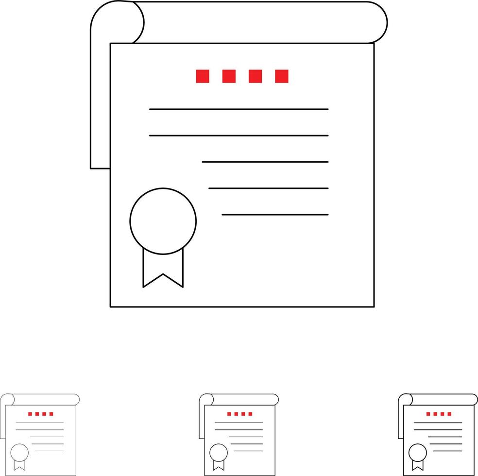 diplomas de realização de certificados concedem conjunto de ícones de linha preta em negrito e fino vetor