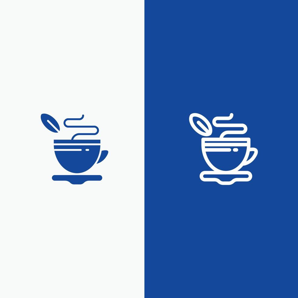 xícara de chá linha de café quente e ícone sólido de glifo banner azul linha e ícone sólido de glifo banner azul vetor