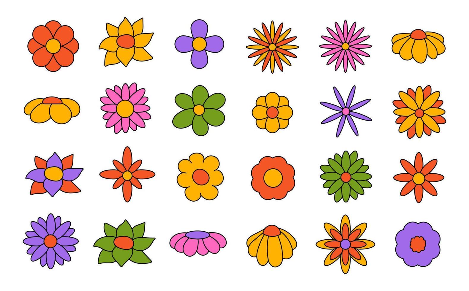 coleção de flores desabrochando simples no estilo hippie psicodélico dos anos 1970. conjunto de adesivos gráficos em design retro. fundo groovy. ilustração vetorial isolada de acidente vascular cerebral editável vetor