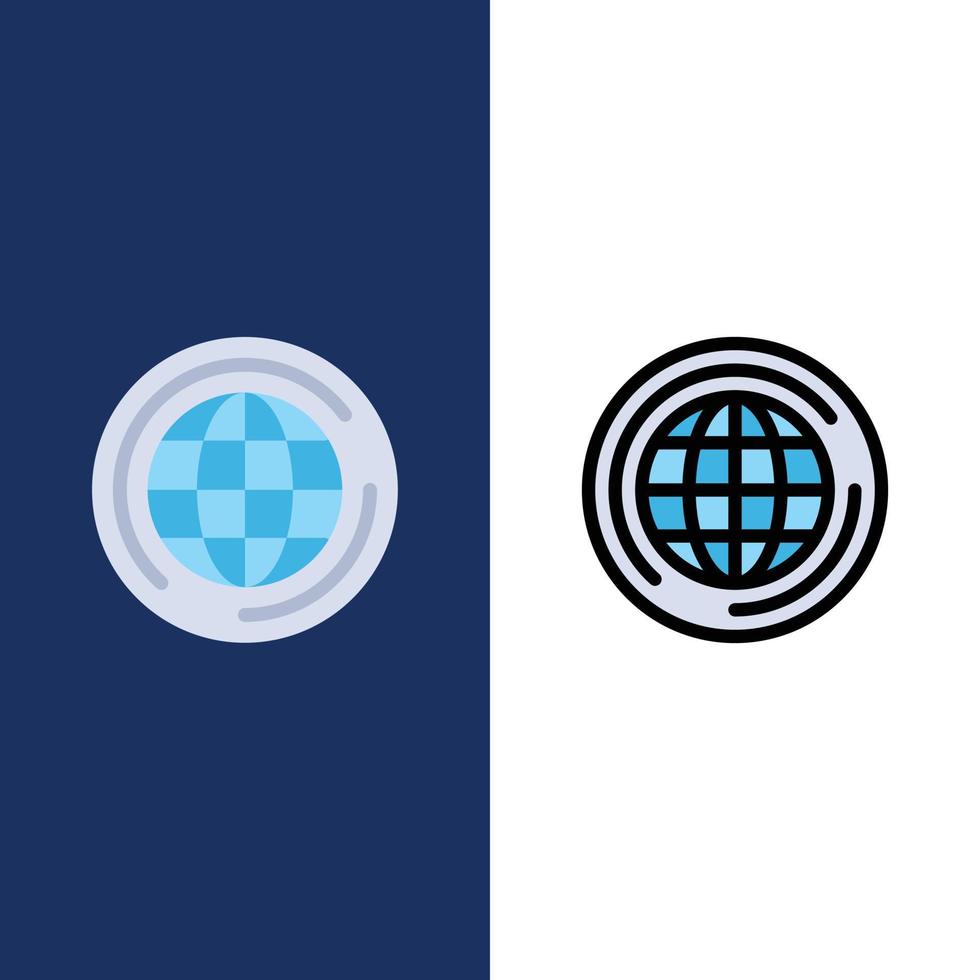 globo do mundo grandes ícones de pensamento plano e conjunto de ícones cheios de linha vector fundo azul