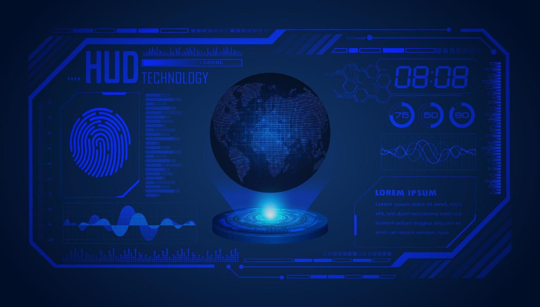 projetor holográfico de mapa do mundo moderno em fundo de tecnologia vetor