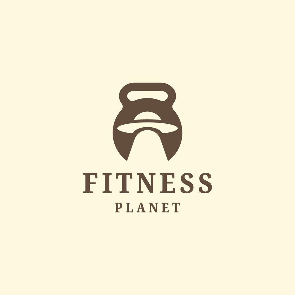 símbolo de fitness kettlebell com modelo de design de ícone de logotipo de forma de planeta vetor plano