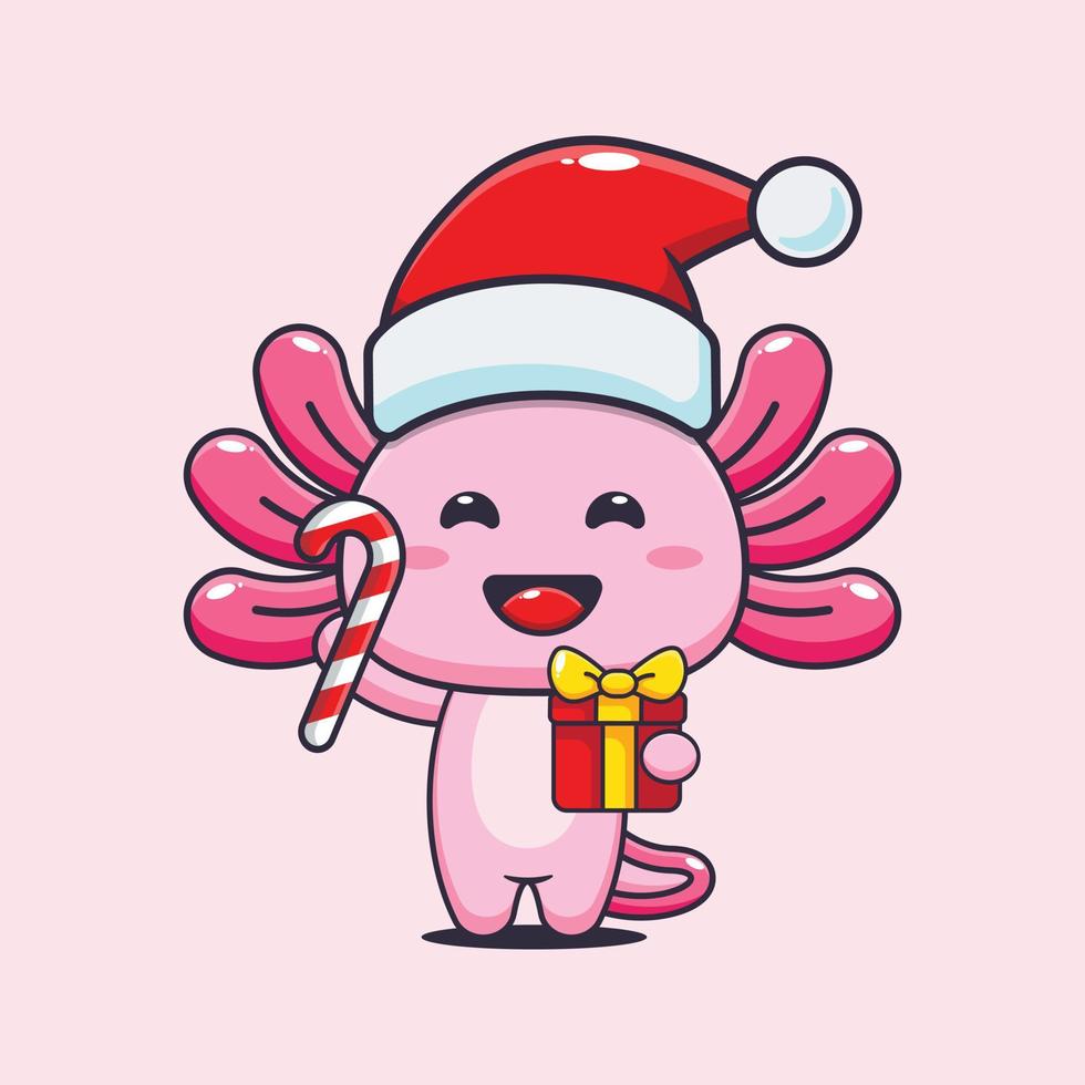 axolotl bonito segurando presente e doces de natal. ilustração de desenho animado de natal bonito. vetor