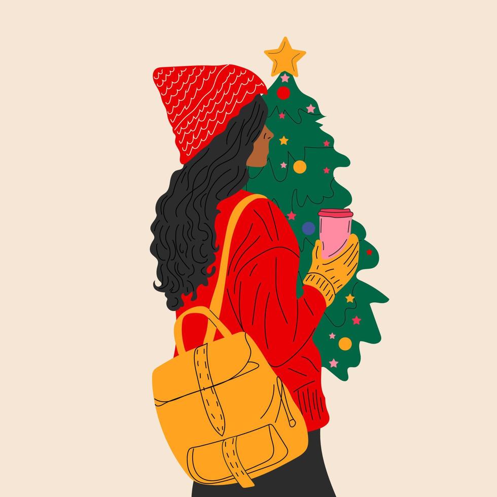 uma garota de chapéu com uma mochila fica na frente de uma árvore de natal com uma xícara de café vetor