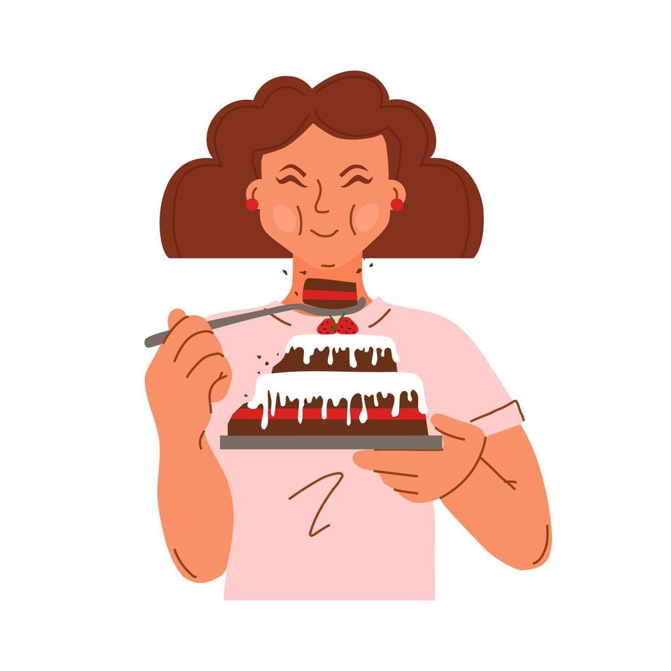 mulher devora avidamente o bolo com uma colher. nenhum dia de dieta. personagem feminina engraçada em estilo moderno. ilustração vetorial plana. vetor