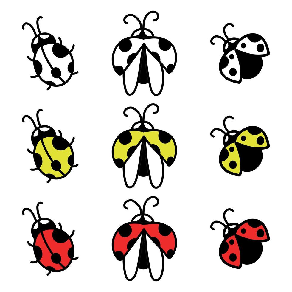 conjunto de ícones de vetor de ícones de joaninha multicoloridos em um fundo branco.