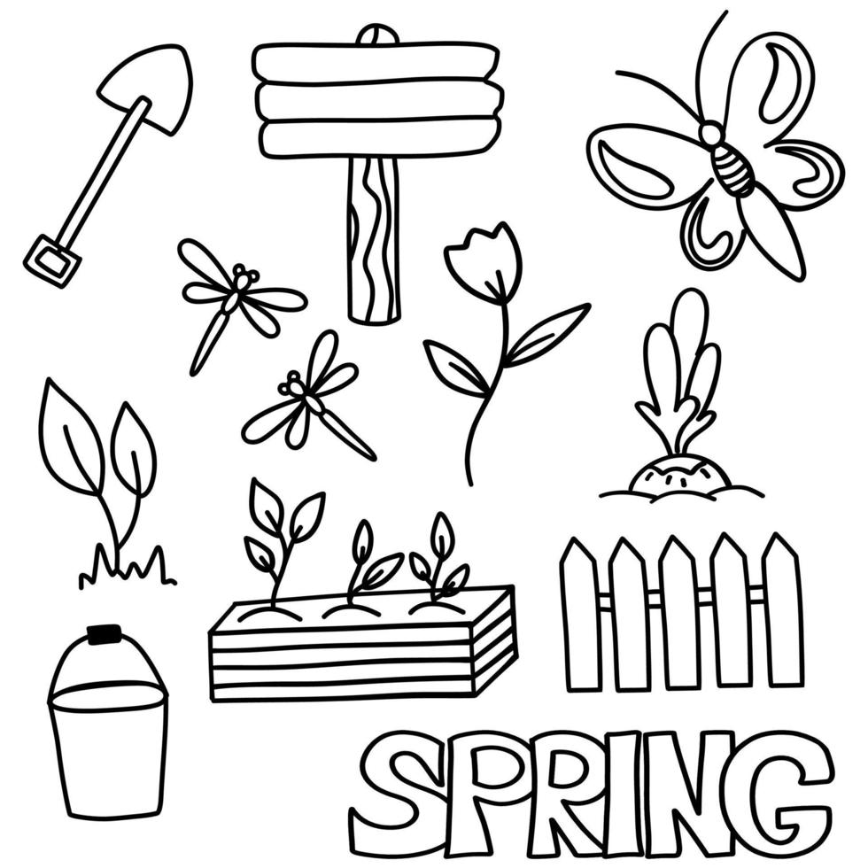 um conjunto de elementos de primavera no estilo doodle em um fundo branco. vetor