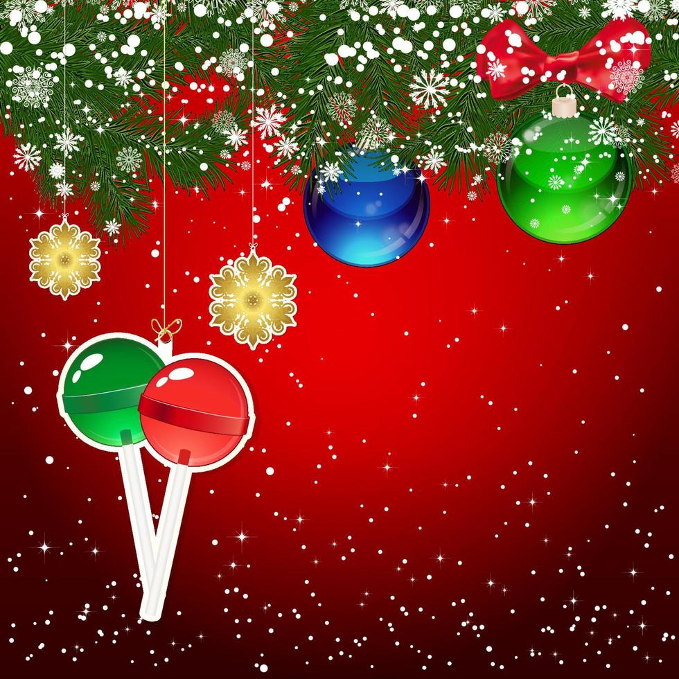 fundo de natal com galhos de árvores de natal decorados com bolas de vidro e brinquedos. vetor